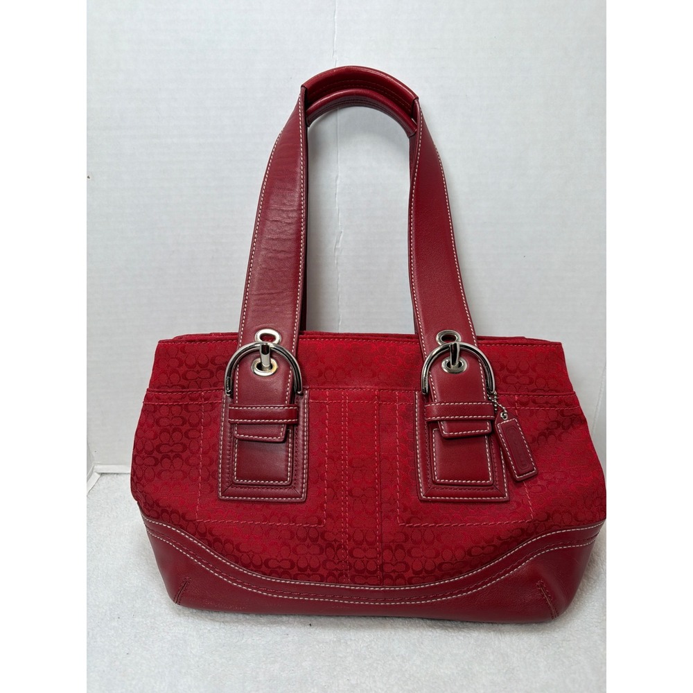 COACH F10927 Cherry Red Canvas Leather Tote Hand Bag Soho Mini Signature Y2K